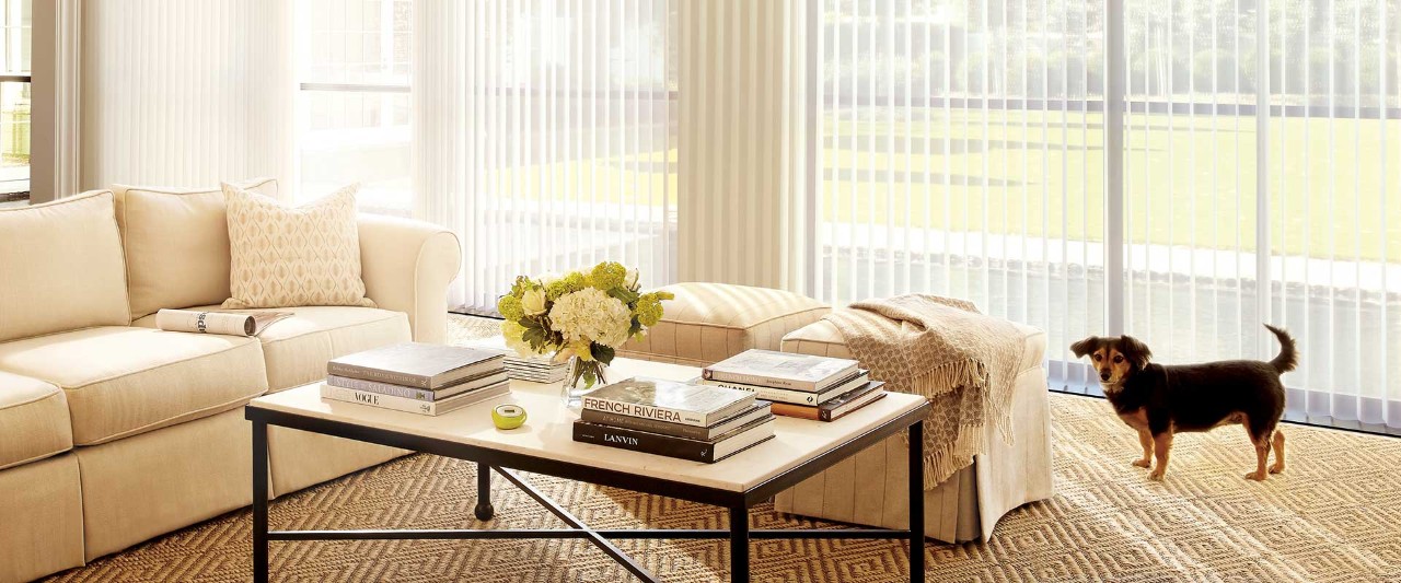 Luminette vertical shades in living room with dog near coffee table.